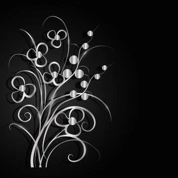 Silver flowers with shadow on dark background Stock Illustration