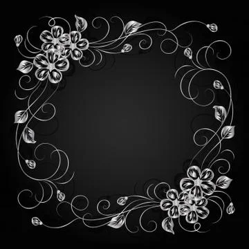 Silver flowers with shadow on dark background. Stock Illustration