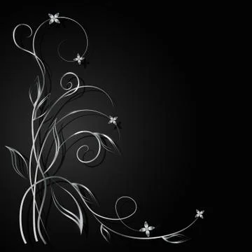 Silver flowers with shadow on dark background. Stock Illustration