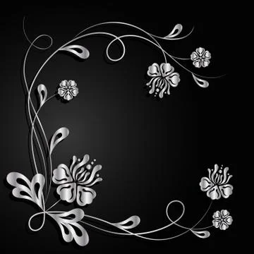 Silver flowers with shadow on dark background. Stock Illustration