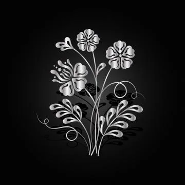 Silver flowers with shadow on dark background. Stock Illustration