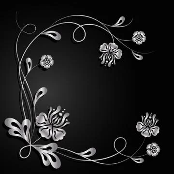 Silver flowers with shadow on dark background. Stock Illustration
