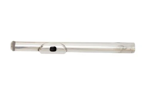 Silver flute headjoint on isolated white background. Musical instrument part  Stock Photos