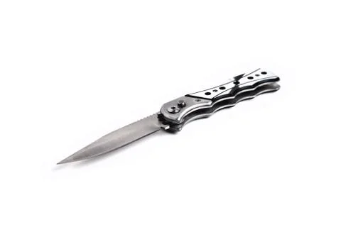 Silver folding knife on a white background close-up Stock Photos