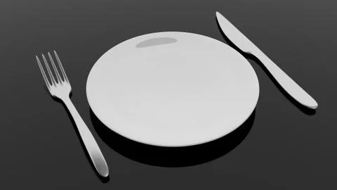 Silver fork and knife with a plate, isolated on black background. Stock Illustration