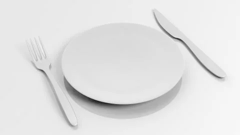 Silver fork and knife with a plate, isolated on white background. Stock Illustration