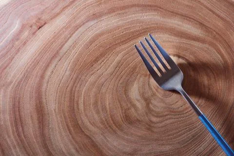 The silver fork lies on a slice of a tree. wooden table. With copy space. Stock Photos