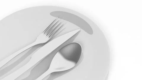Silver fork, spoon and knife with a plate, isolated on white background. Stock Illustration