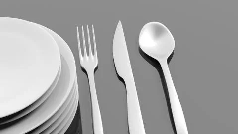 Silver fork, spoon and knife with a stack of plates, isolated on black backgr Stock Illustration