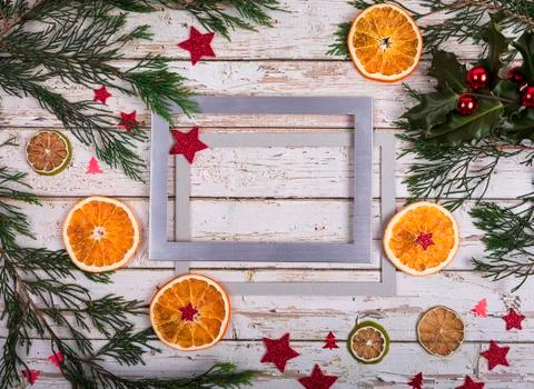 A silver frame with copy space for text in Christmas decor Stock Photos