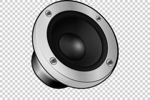 Silver framed black speaker driver on white background Stock Illustration