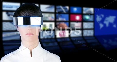 Silver futuristic glasses woman portrait tv news cinema Stock Photos