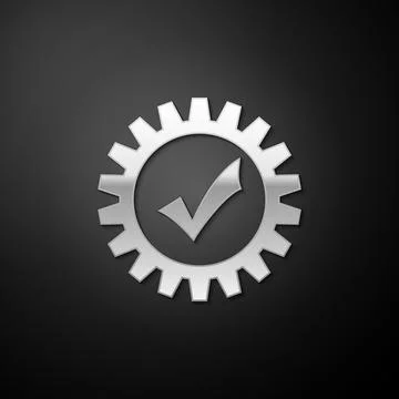Silver Gear with check mark icon isolated on black background. Cogwheel simple Stock Illustration