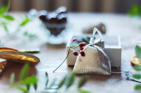 Silver gift bag on the table Stock Photos