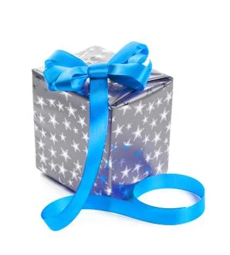 Silver gift box with a blue bow. isolate on white background Stock Photos