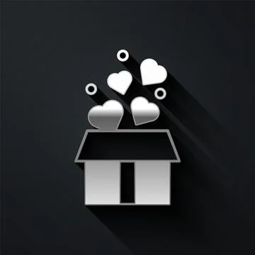 Silver Gift box with hearts icon isolated on black background. Valentines day Illustration