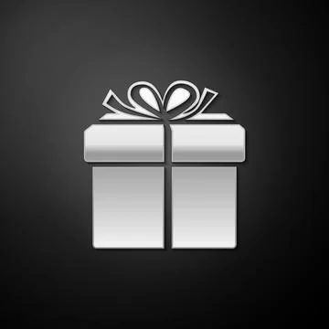 Silver Gift box icon isolated on black background. Long shadow style. Vector Stock Illustration