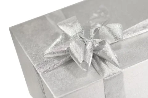 Silver gift box witn a bow Foto stock
