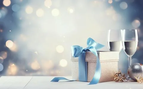 Silver gift boxes with blue ribbon bow tag and Champagne glasses over blurr.. Stock Photos