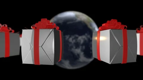 Silver giftbox around the world - black background Stock Footage 85735687