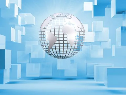 Silver globe on blue background with cubes Stock Photos