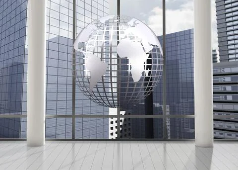 Silver globe floating in room Stock Illustration