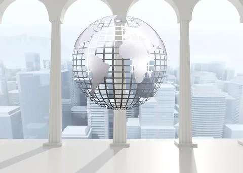 Silver globe floating in room Stock Illustration