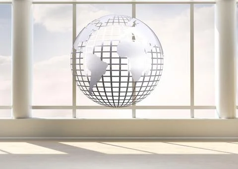 Silver globe floating in room Stock Illustration