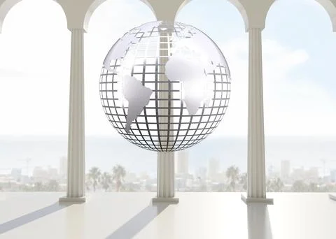 Silver globe floating in room Stock Illustration