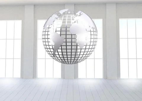 Silver globe floating in room Stock Illustration