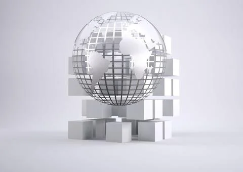 Silver globe on grey background with cubes Stock Photos