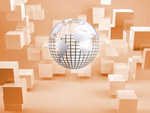 Silver globe on orange background with cubes Stock Photos