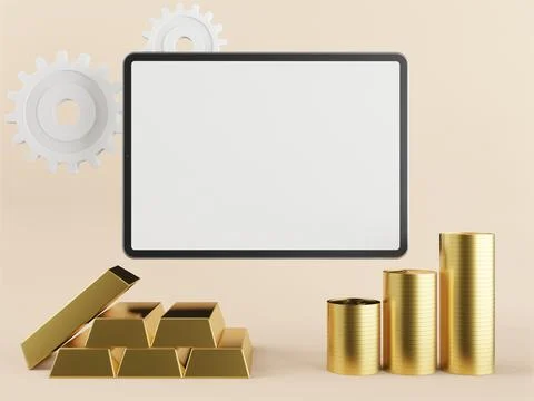 Silver-gold educational tablet used in 3D style light pink background. Stock Illustration