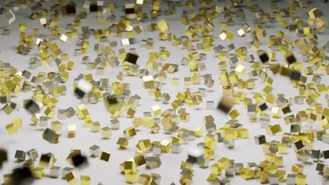 Silver golden cubes fall down on a white surface and spin around - 3D Video stock 243739659