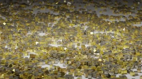 Silver golden cubes fall down on a white surface and spin around Stock Illustration