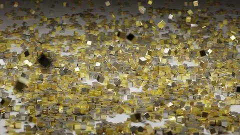 Silver golden cubes fall down on a white surface and spin around Stock Illustration