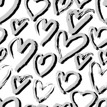 Silver hand drawn hearts seamless pattern on white background. Illustrazione stock