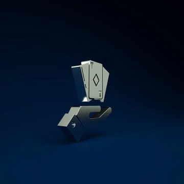 Silver Hand holding deck of playing cards icon isolated on blue background. C Stock Illustration