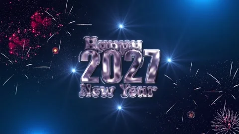 Silver Happy 2027 New Year Title with Fireworks and Star Lights Stock Footage 342619155