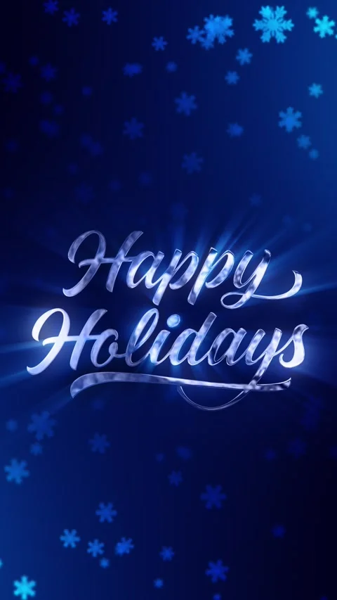 Silver Happy Holidays Text with Falling Snow on Blue Background,Vertical Stock Footage 345163082