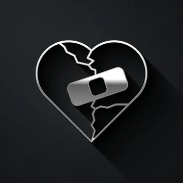 Silver Healed broken heart or divorce icon isolated on black background Stock Illustration