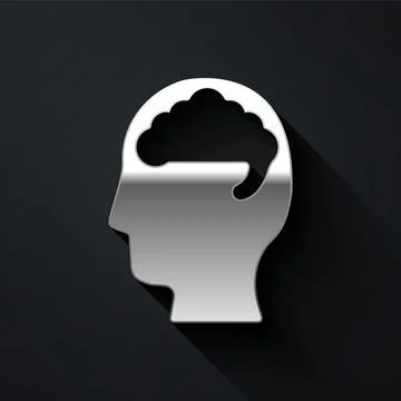 Silver Human brain icon isolated on black background. Long shadow style. Vector イラスト素材