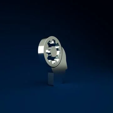 Silver Human head with gear inside icon isolated on blue background. Artifici Stock Illustration