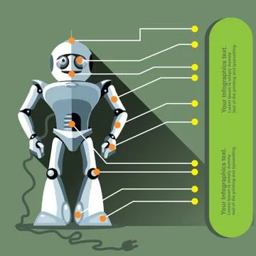 Silver humanoid robot displayed as an infographic with chip elements. Stock Illustration
