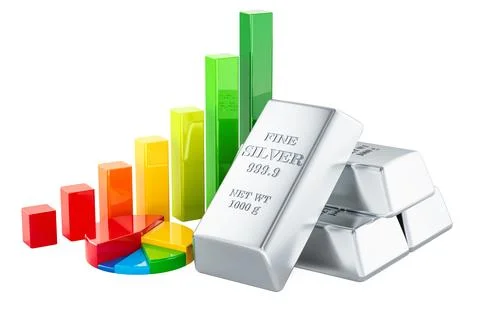 Silver ingots with growth bar graph and pie chart, 3D rendering Stock Illustration