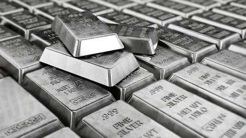Silver ingots stack background. 3D illustration Stock Illustration