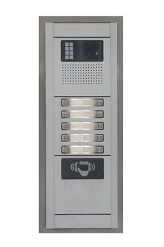 Silver intercom with keypad isolated on white background Foto stock