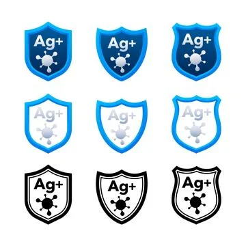 Silver ion antibacterial shield icon set Ag plus virus protection Ilustração Stock