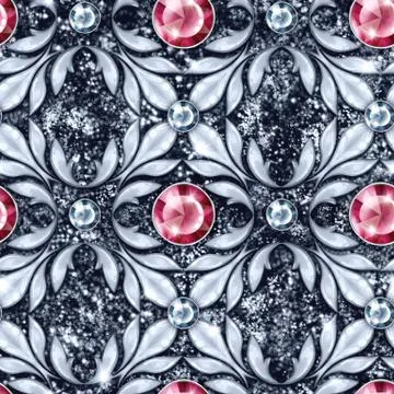 Silver jewelry seamless pattern with red gems. Stock Illustration