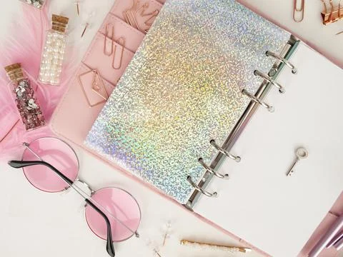 Silver key on the white page of the planner. Diary open with white and 스톡 일러스트